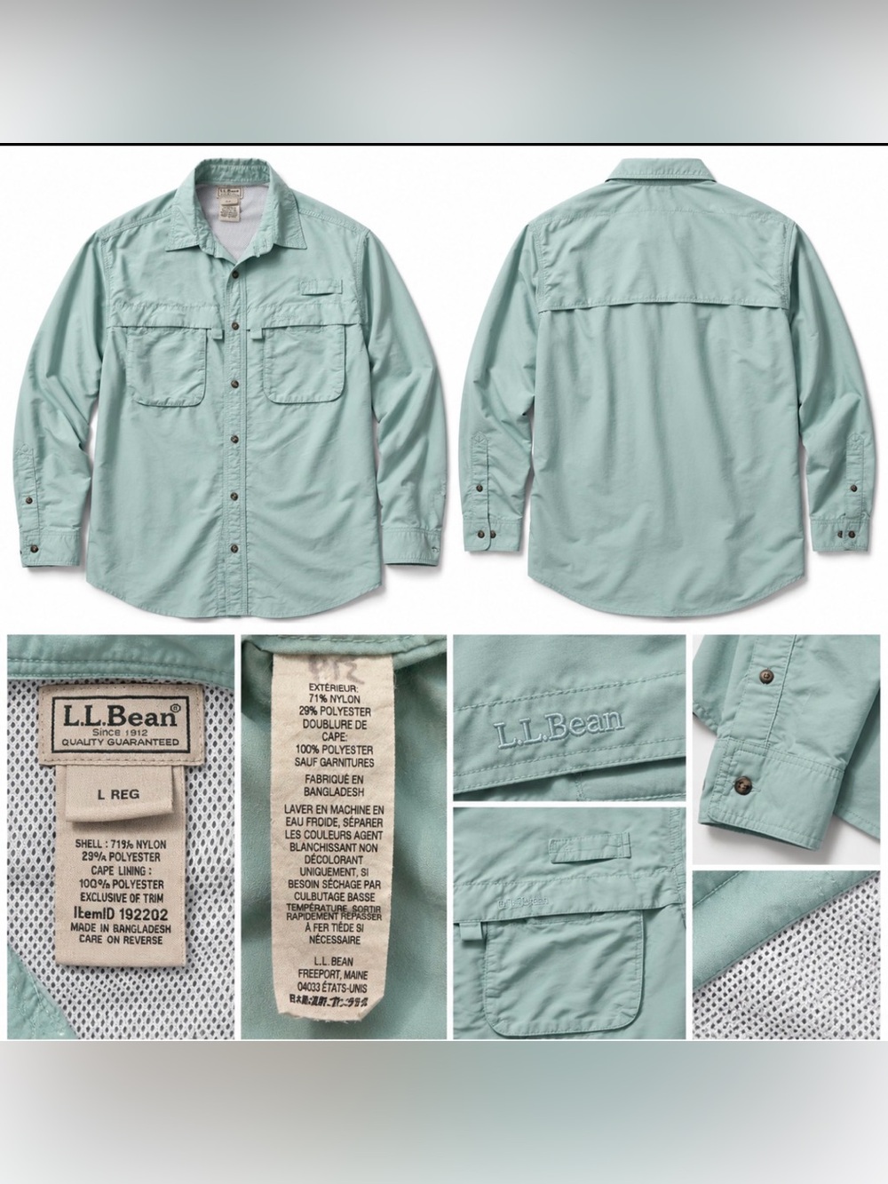L.L.Bean Tropicwear Fishing Shirt Men’s L Mint Green Vented Nylon 192202